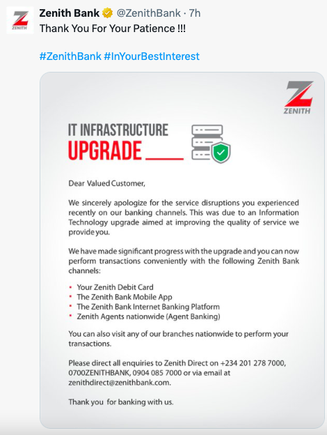 financial services providers in Nigeria and West Africa, Zenith Bank Plc, has apologized to its customers after a service disruption that spanned several days.